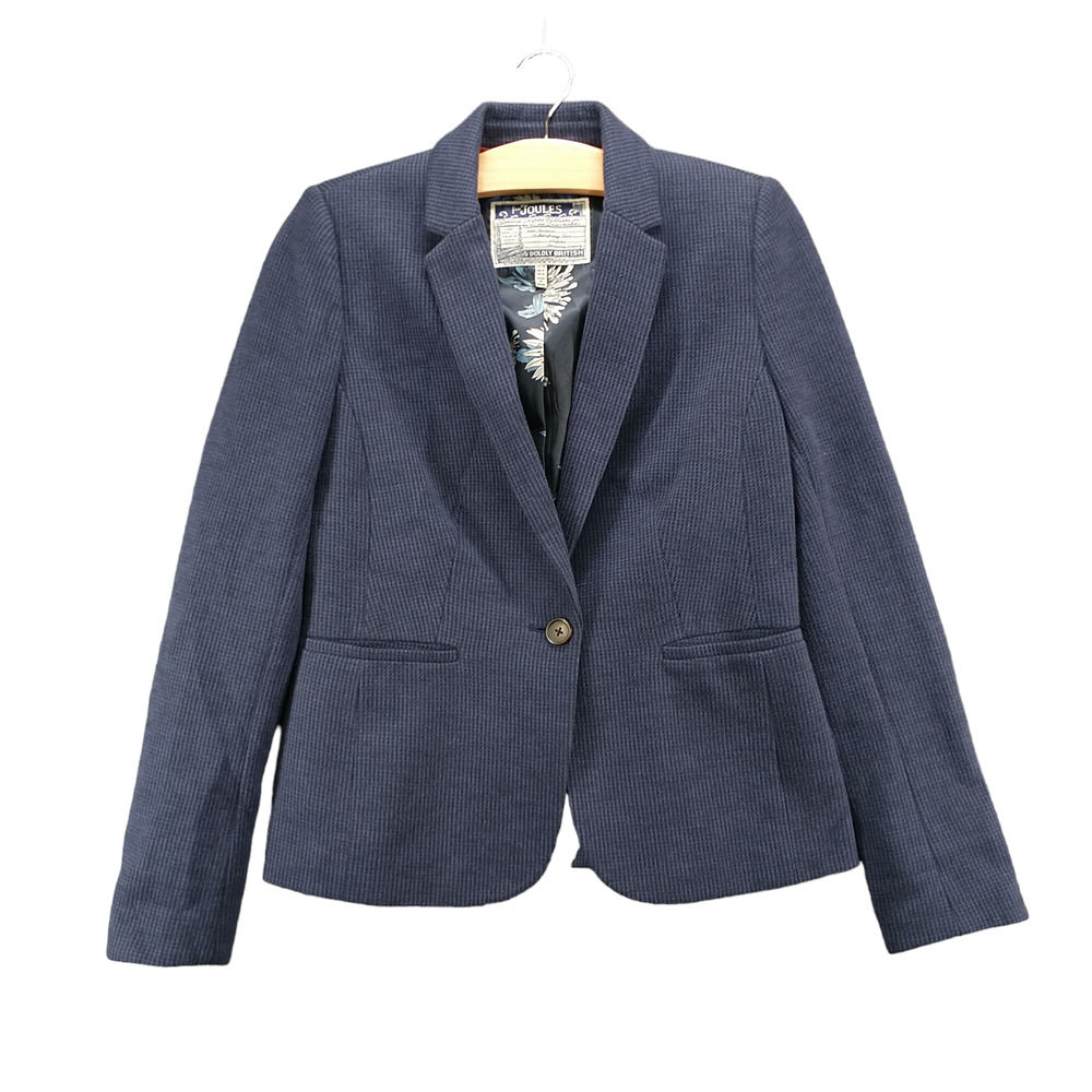 Joules Women's Single Button Blazer Suit Jacket Size 6 Blue Houndstooth Lined